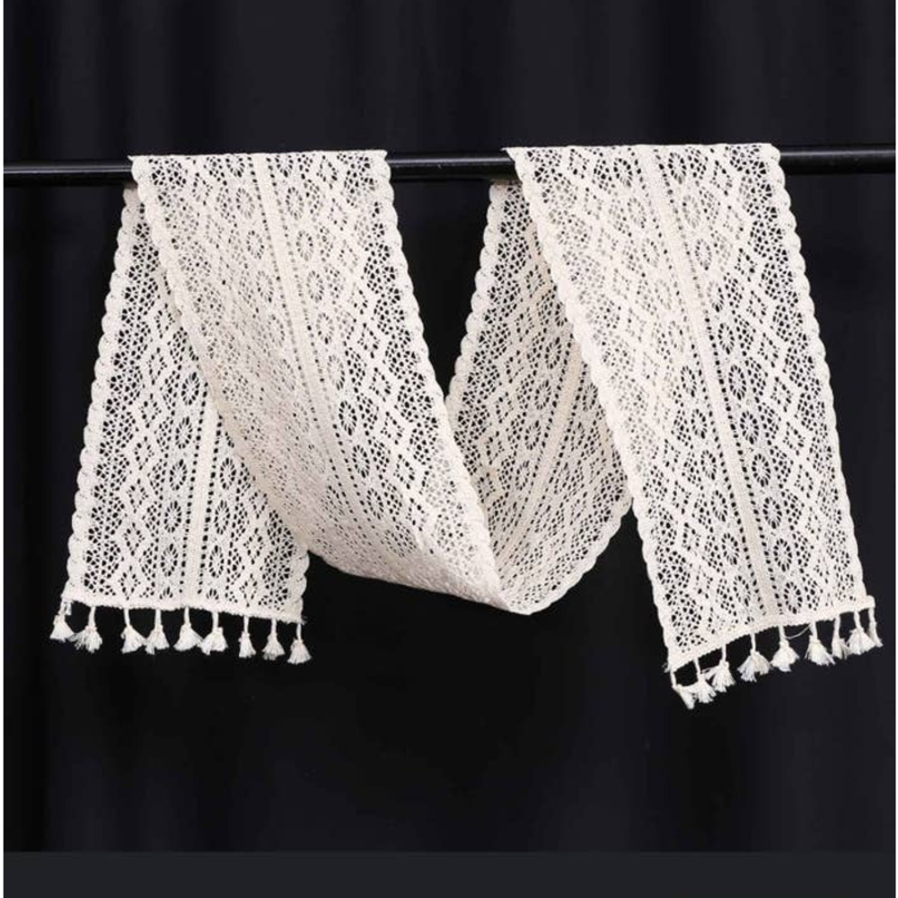 Macrame Boho Cream Tassel Table Runner 71 in. x 10 in.